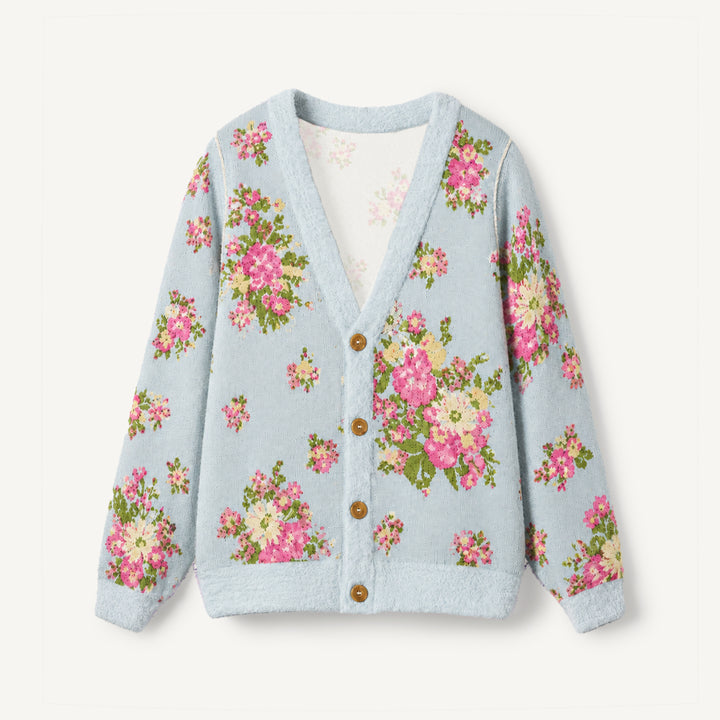 Cardigan lavorato a maglia con motivo floreale rosa vintage