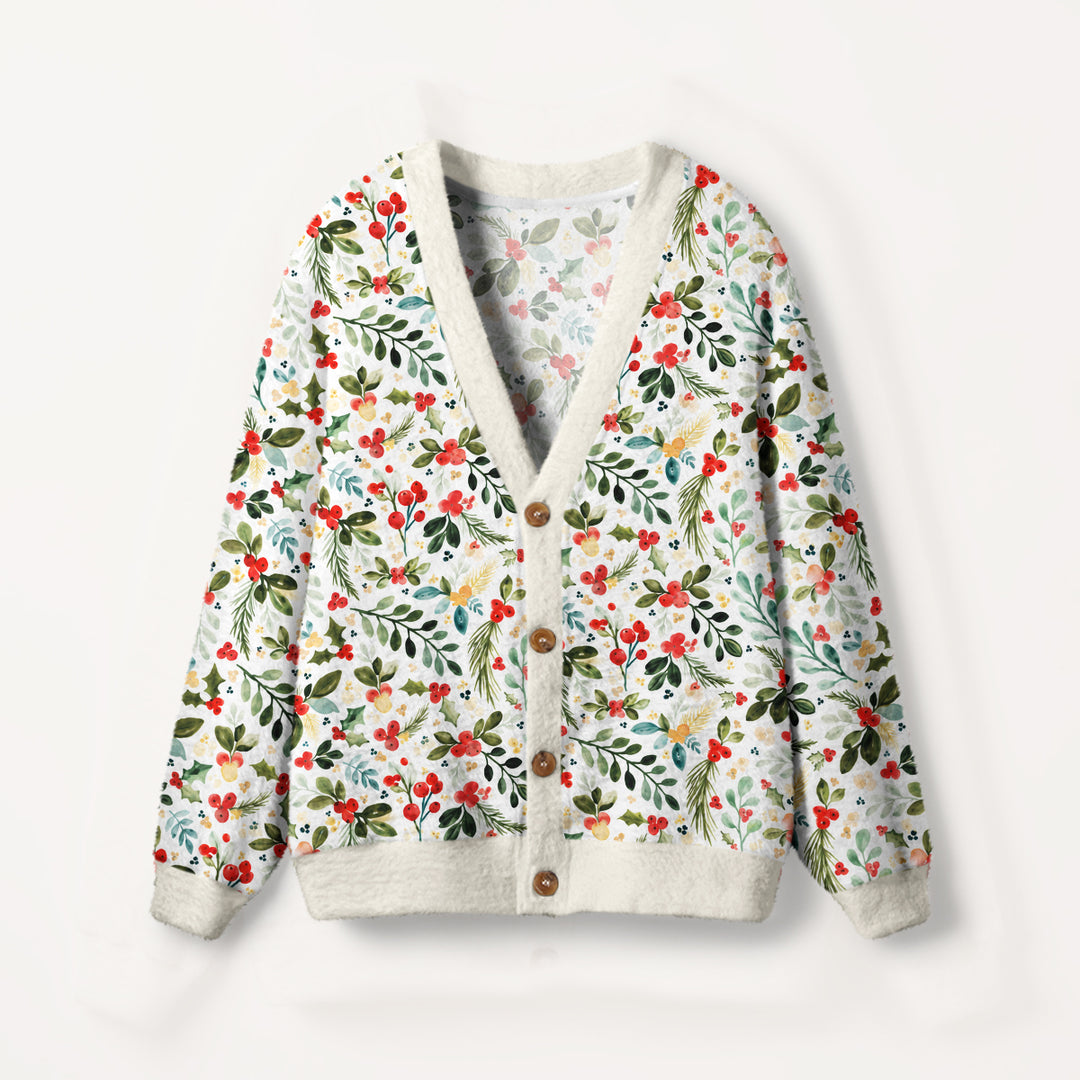 Cardigan lavorato a maglia con Fantasia di Agrifoglio, Bacche e Pigne