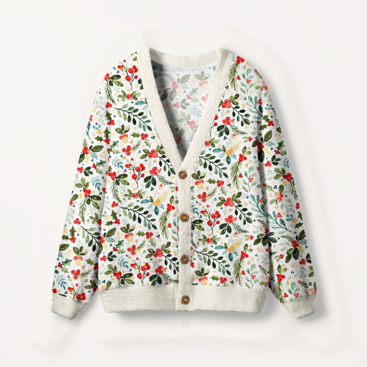 Cardigan lavorato a maglia con Fantasia di Agrifoglio, Bacche e Pigne