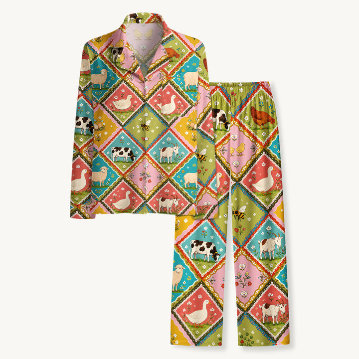 Set di pigiami a maniche lunghe con patchwork di animali della fattoria di campagna
