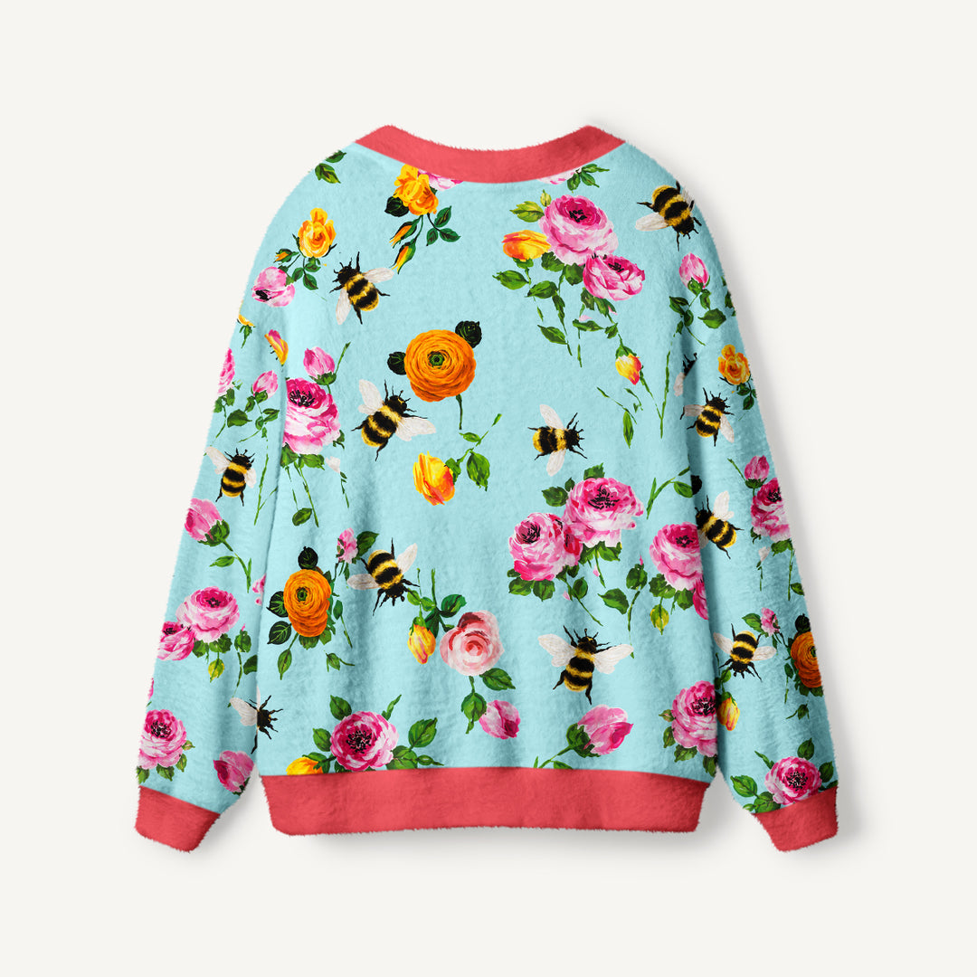 Cardigan lavorato a maglia Stampa con motivo “Giardino con rosa rosa e calabrone”
