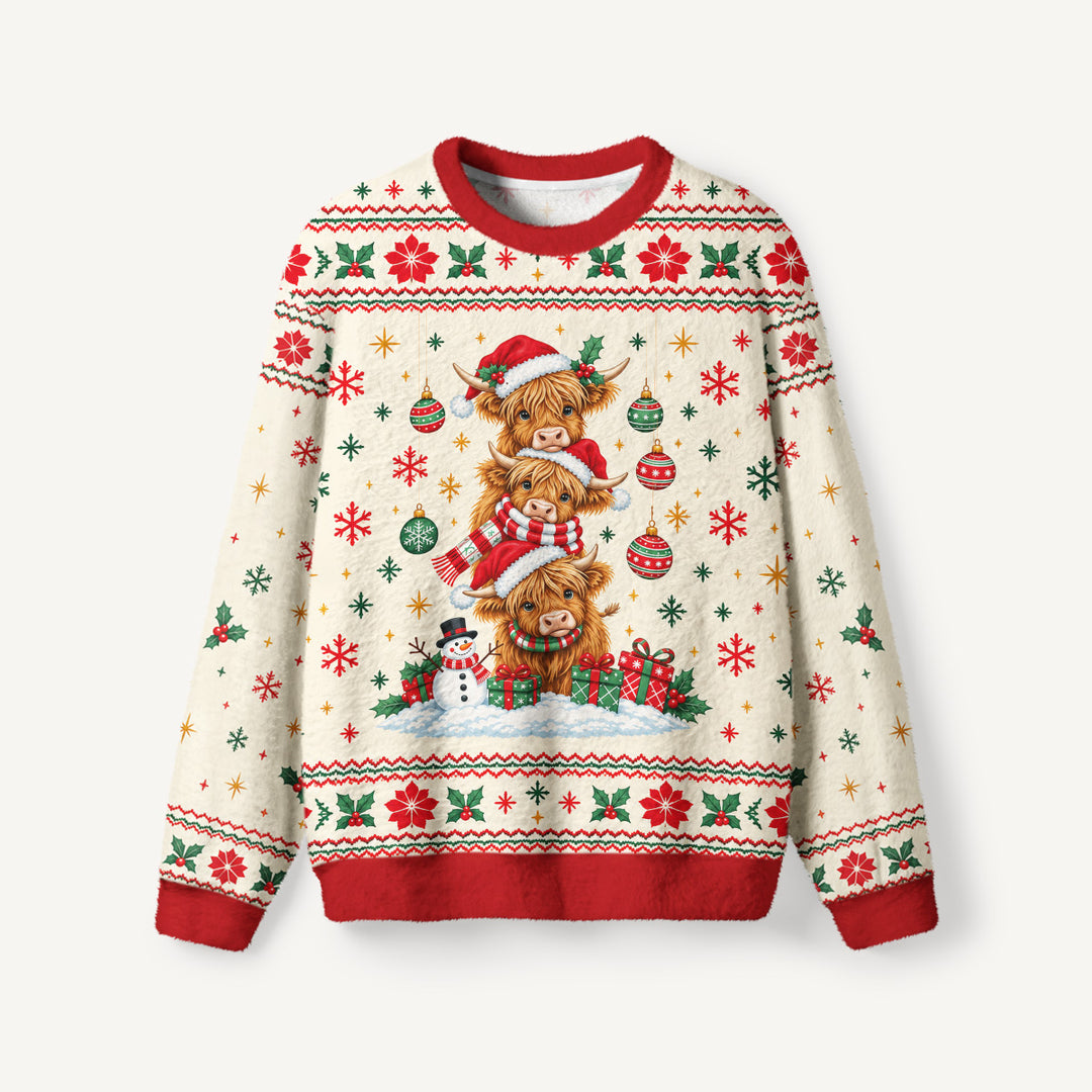 Maglione Natalizio Girocollo con Highland Cow Sovrapposte
