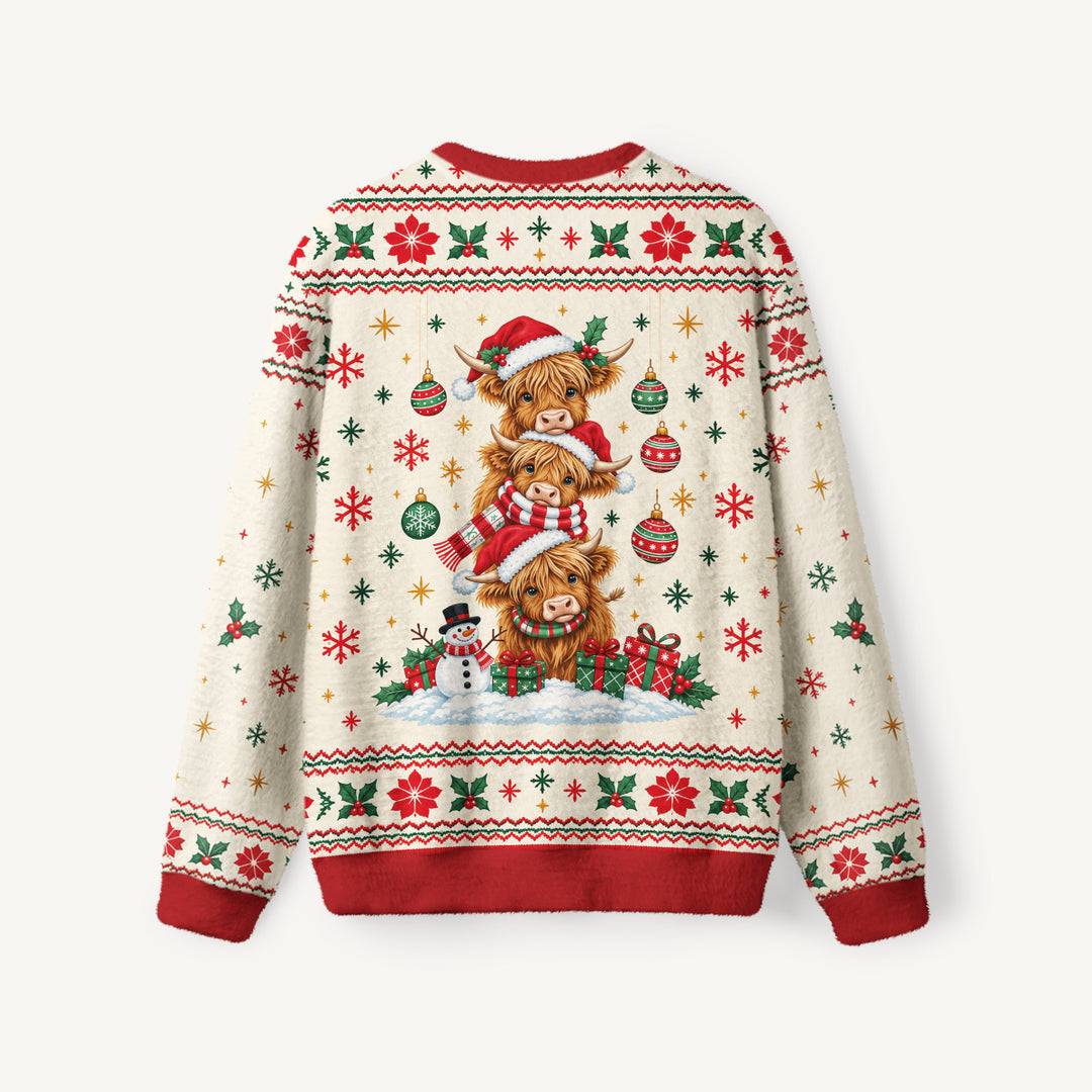 Maglione Natalizio Girocollo con Highland Cow Sovrapposte