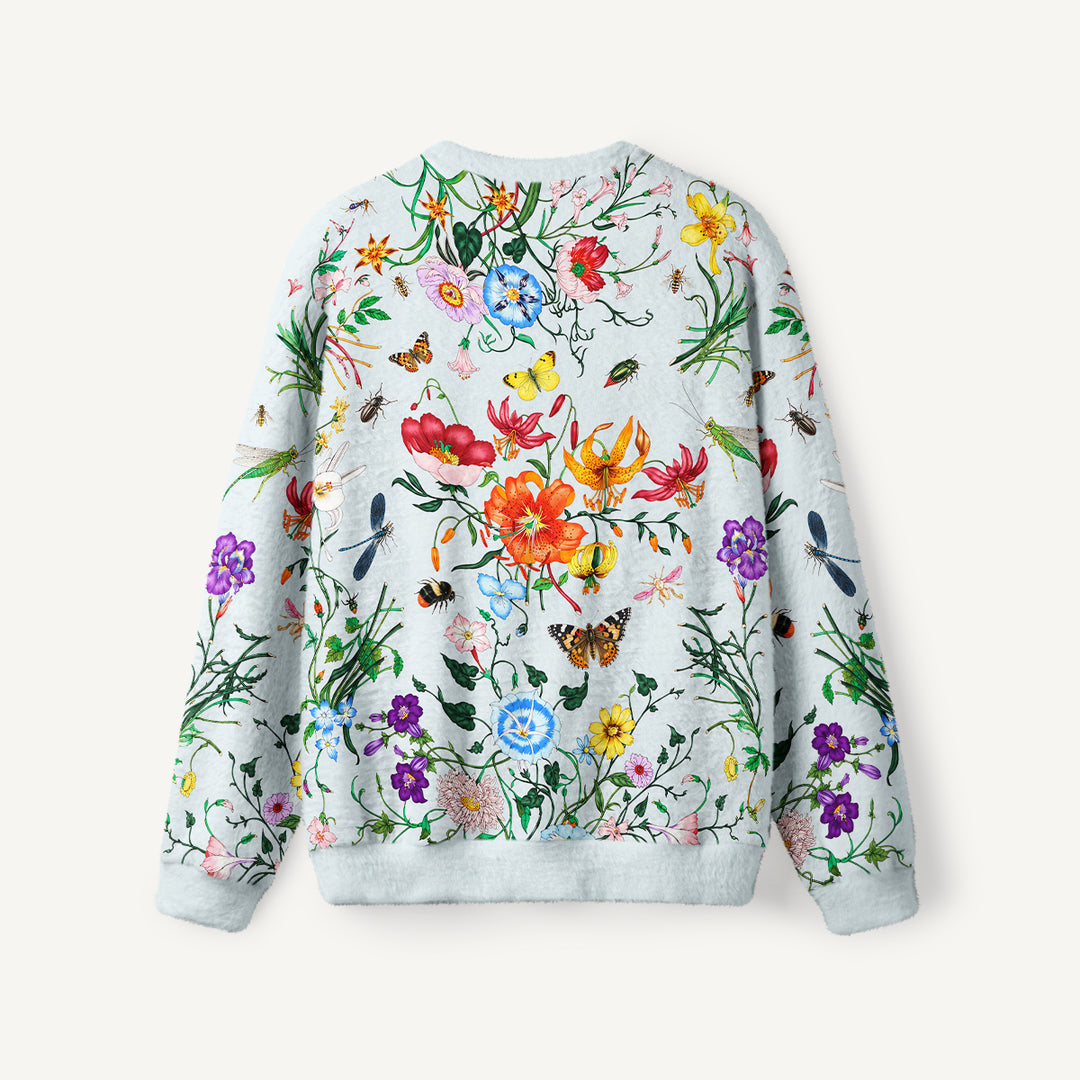 Maglione a girocollo con motivo botanico di fiori selvatici e insetti