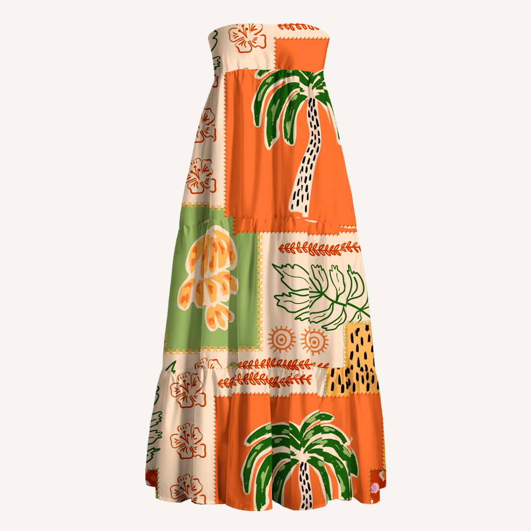 Gonna lunga e abito senza spalline con stampa boho a palme e ibisco
