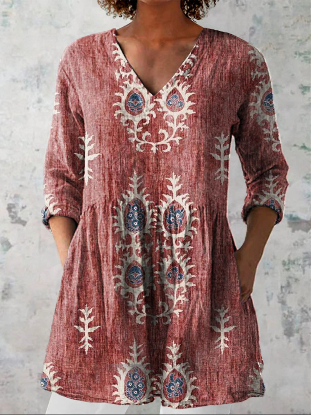 Camilla | Blusa lunga in lino con stampa floreale bohemien
