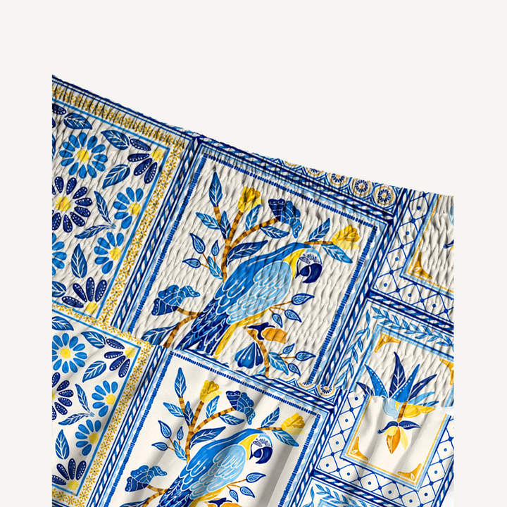 Gonna lunga con motivo a piastrelle tropicali blu e abito senza spalline