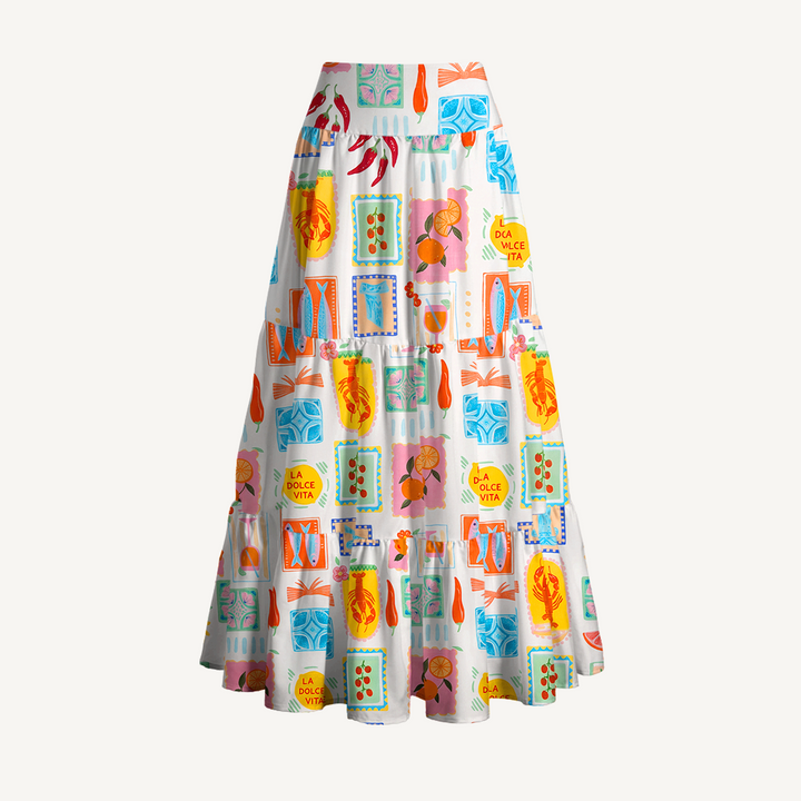 Gonna lunga con stampa tropicale e abito senza spalline
