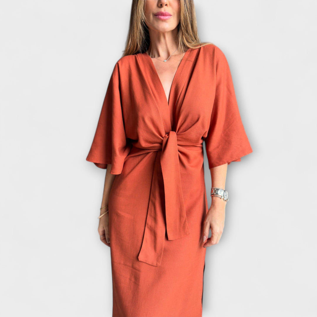 Holly - Abito Casual con Scollatura a V in Combinazione di Cotone e Lino con Nastro