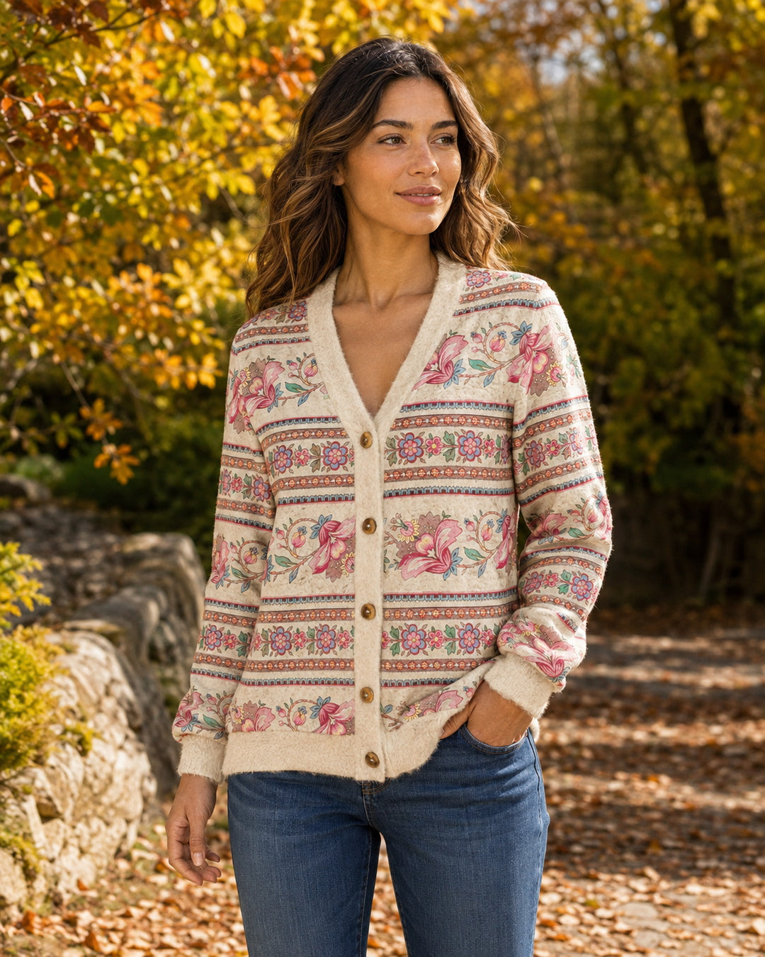 Cardigan lavorato a maglia con motivo vintage a righe e fiori