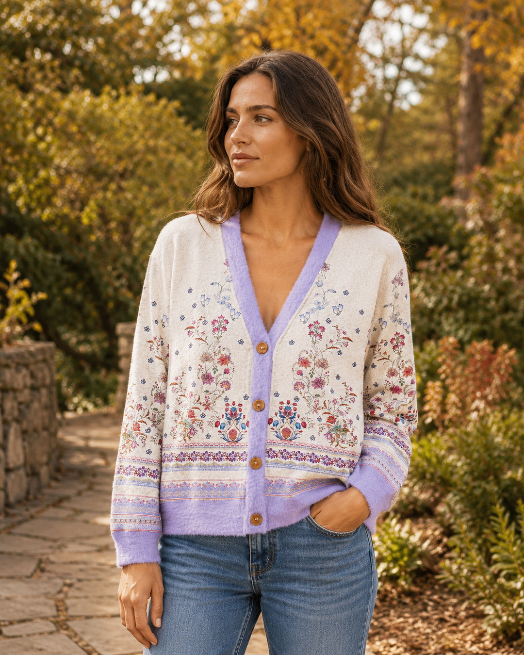 Cardigan lavorato a maglia con motivo floreale simmetrico in stile boho e bordo a forma di bouquet