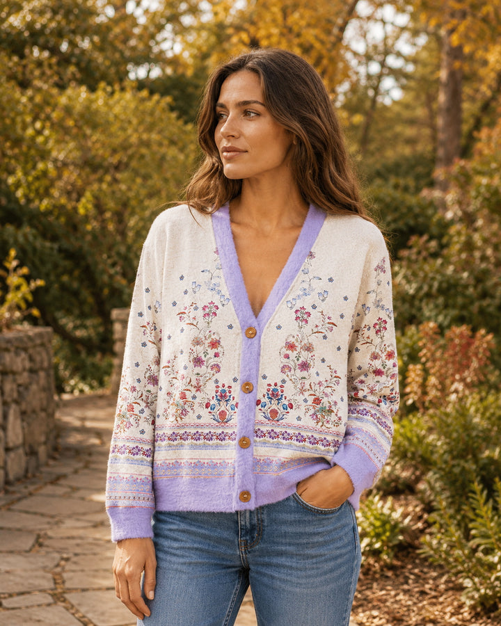 Cardigan lavorato a maglia con motivo floreale simmetrico in stile boho e bordo a forma di bouquet