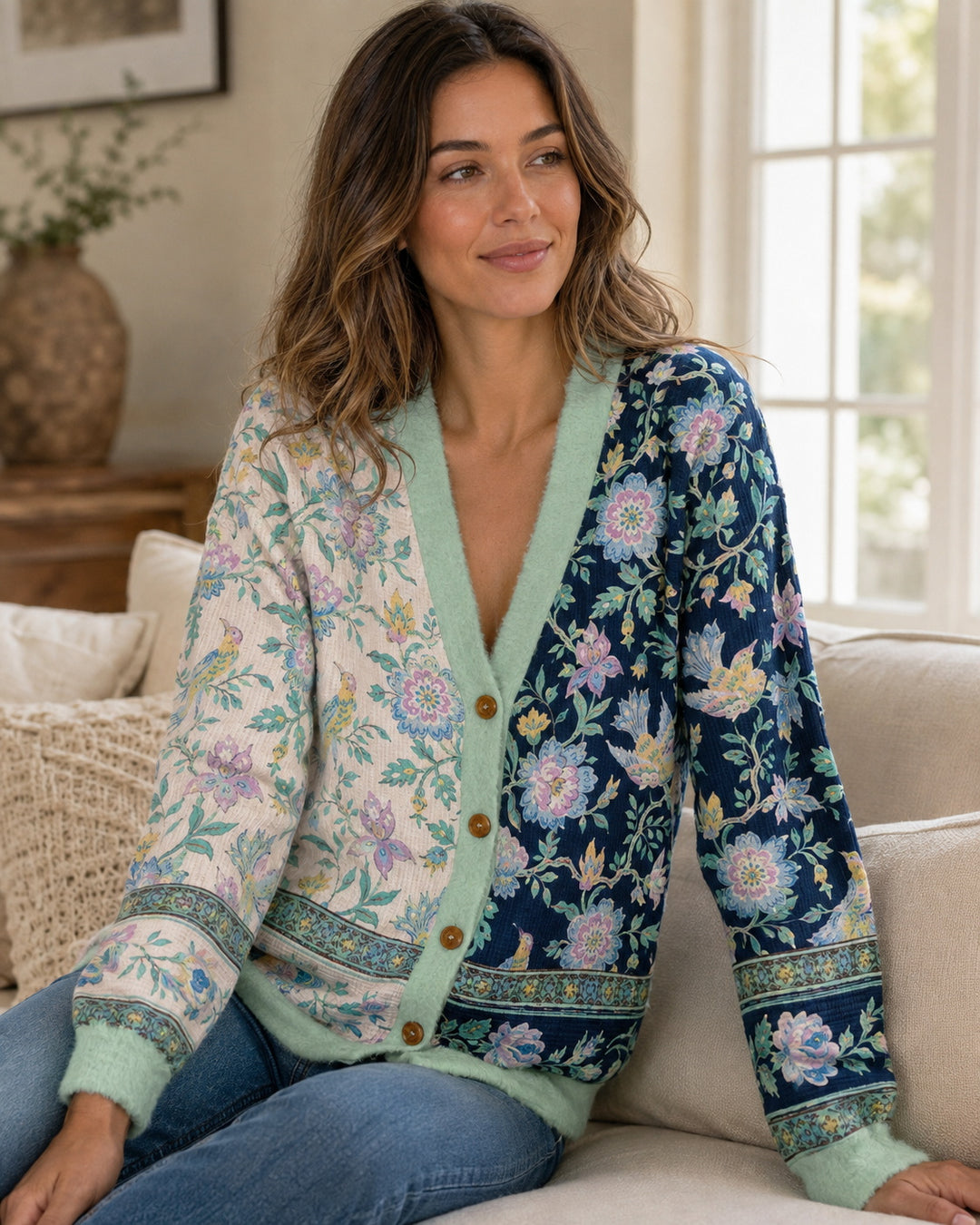 Cardigan in maglia stile boho con motivo floreale “Il canto degli uccelli” in due tonalità