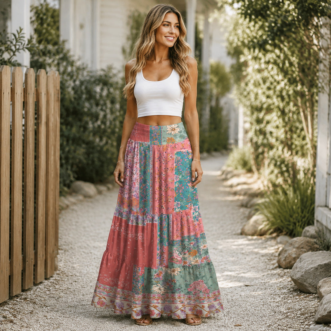 Gonna maxi trasformabile con stampa patchwork “Giardino corallo” e abito senza spalline
