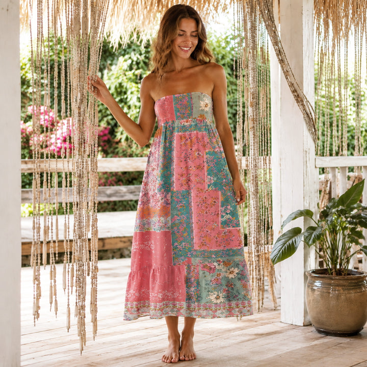 Gonna maxi trasformabile con stampa patchwork “Giardino corallo” e abito senza spalline