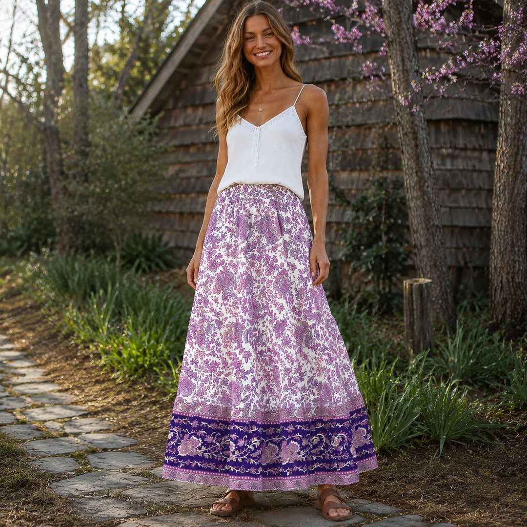 Gonna maxi trasformabile con stampa paisley “Giardino viola” e abito senza spalline