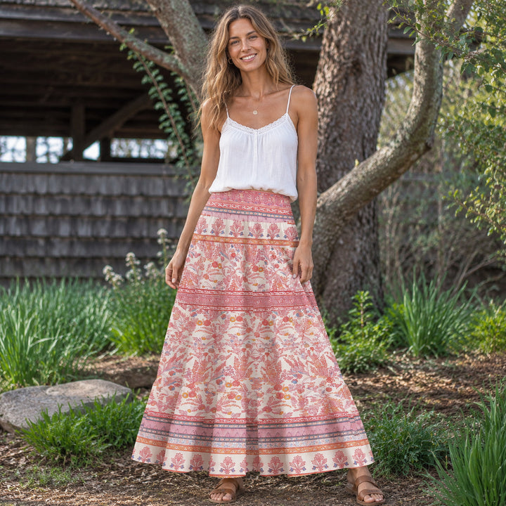 Gonna maxi trasformabile e abito senza spalline con stampa vintage a motivi floreali