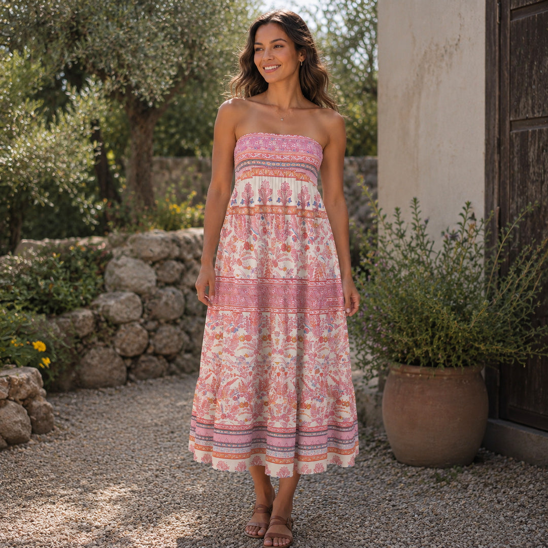 Gonna maxi trasformabile e abito senza spalline con stampa vintage a motivi floreali