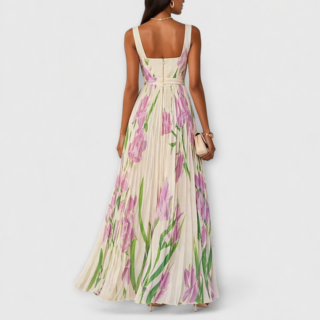 Rosalind | Abito Maxi in Chiffon a Fiori Plissettato con Cintura in Vita