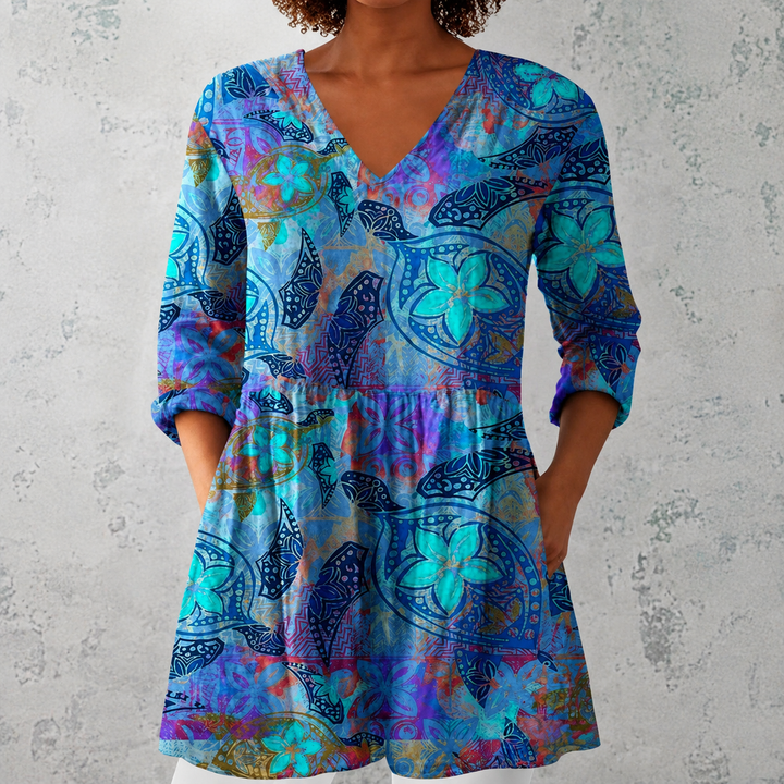Laura | Blusa lunga in lino con stampa floreale bohemien e mandala