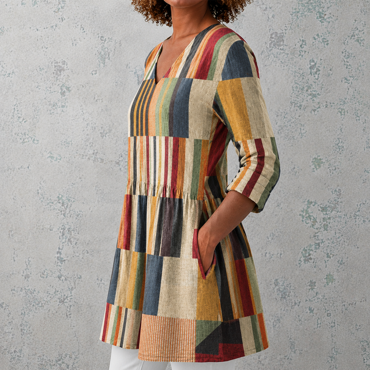 Raffaella | Blusa lunga in lino con strisce multicolori
