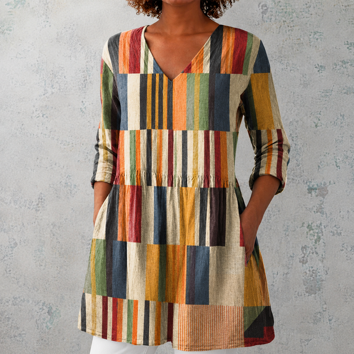 Raffaella | Blusa lunga in lino con strisce multicolori