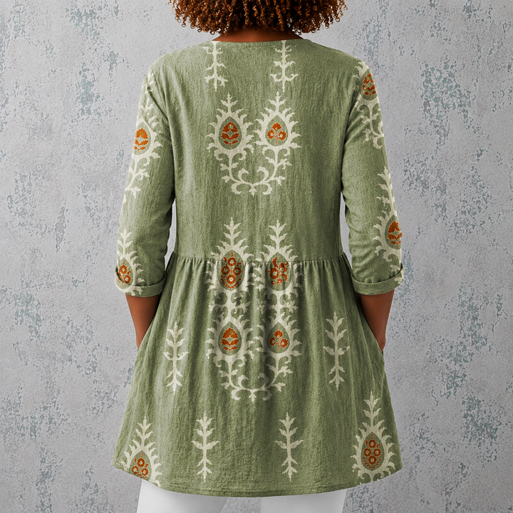Camilla | Blusa lunga in lino con stampa floreale bohemien