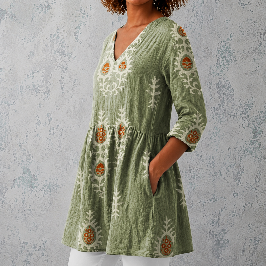 Camilla | Blusa lunga in lino con stampa floreale bohemien