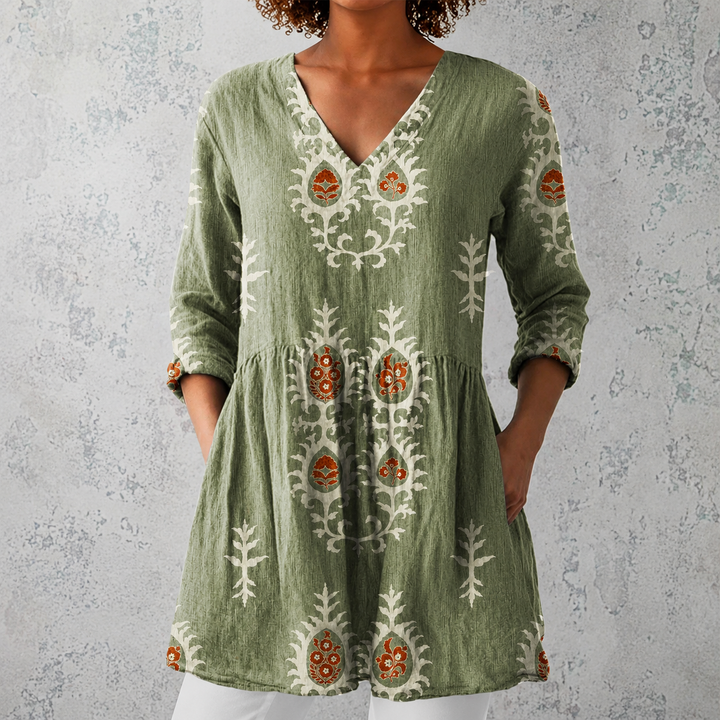 Camilla | Blusa lunga in lino con stampa floreale bohemien