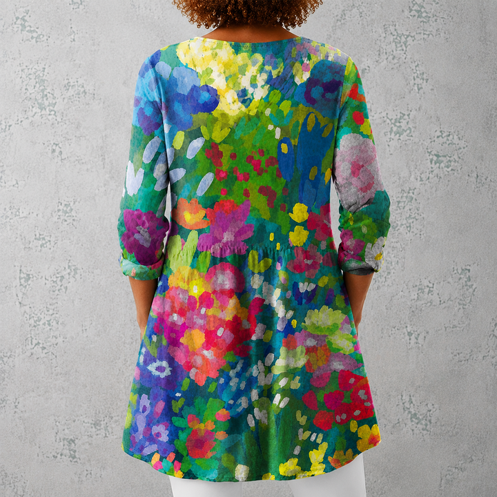 Isotta | Blusa lunga in lino con motivo floreale acquerellato