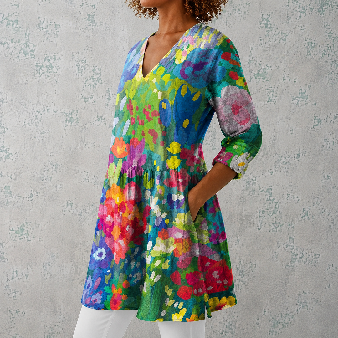 Isotta | Blusa lunga in lino con motivo floreale acquerellato