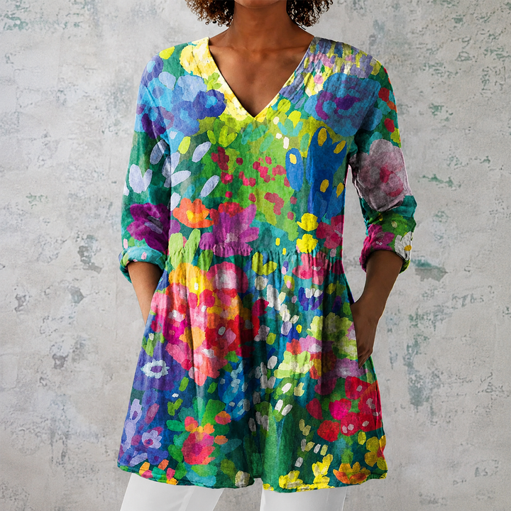 Isotta | Blusa lunga in lino con motivo floreale acquerellato