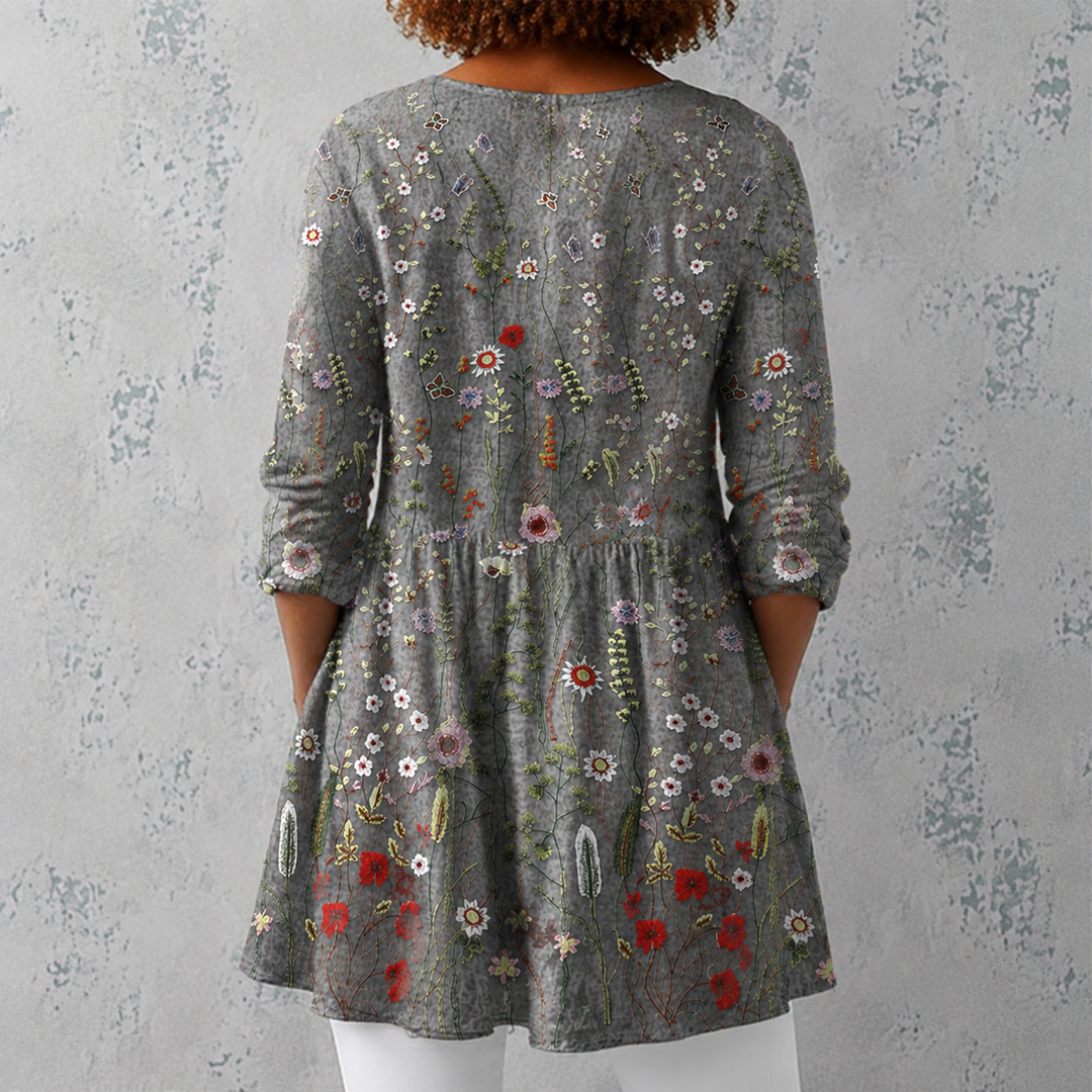 Petra | Blusa lunga in lino con ricamo di fiori selvatici