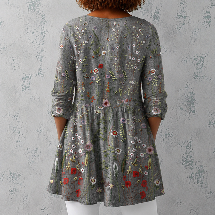 Petra | Blusa lunga in lino con ricamo di fiori selvatici