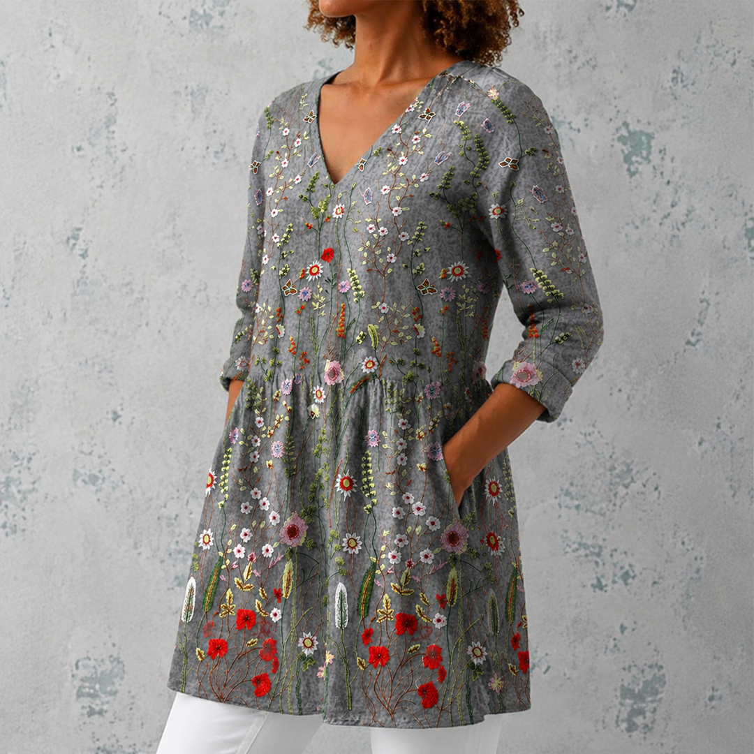 Petra | Blusa lunga in lino con ricamo di fiori selvatici
