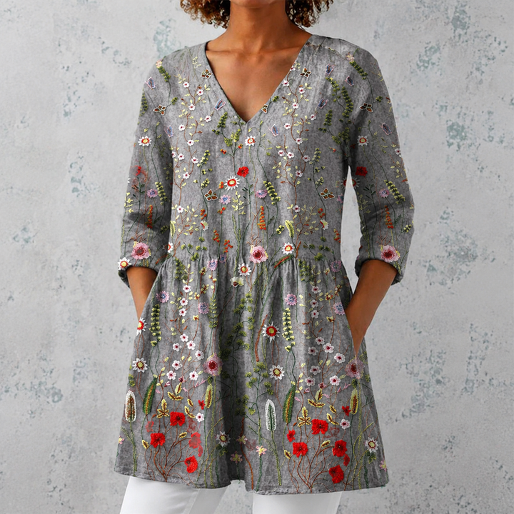 Petra | Blusa lunga in lino con ricamo di fiori selvatici