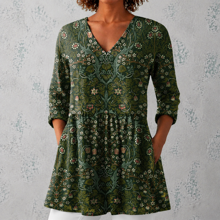 Jolanda | Camicia lunga in lino con motivo a arazzo botanico