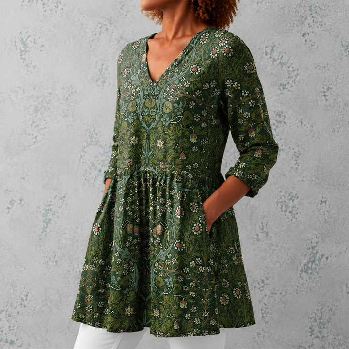 Jolanda | Camicia lunga in lino con motivo a arazzo botanico