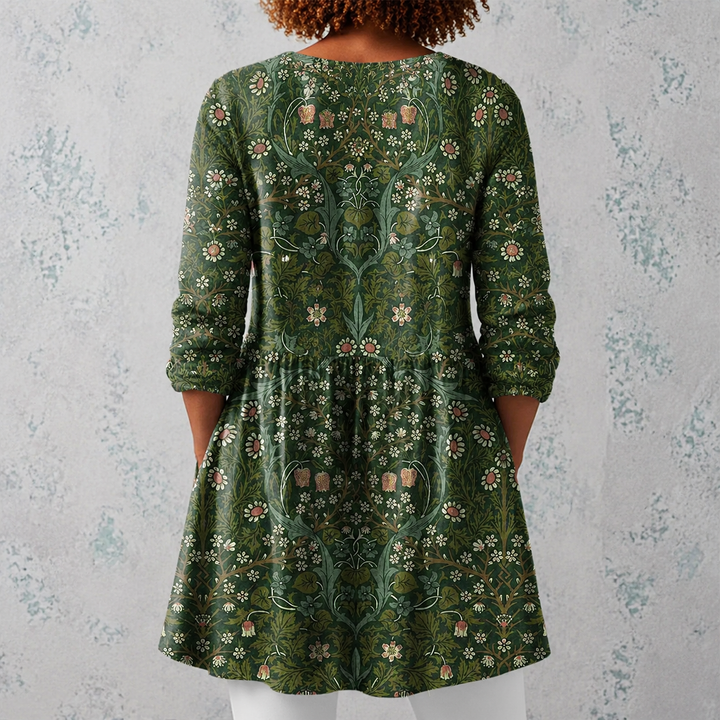 Jolanda | Camicia lunga in lino con motivo a arazzo botanico