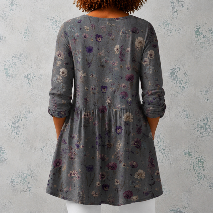 Benedetta | Blusa lunga in lino con motivo di fiori secchi in stile erbario