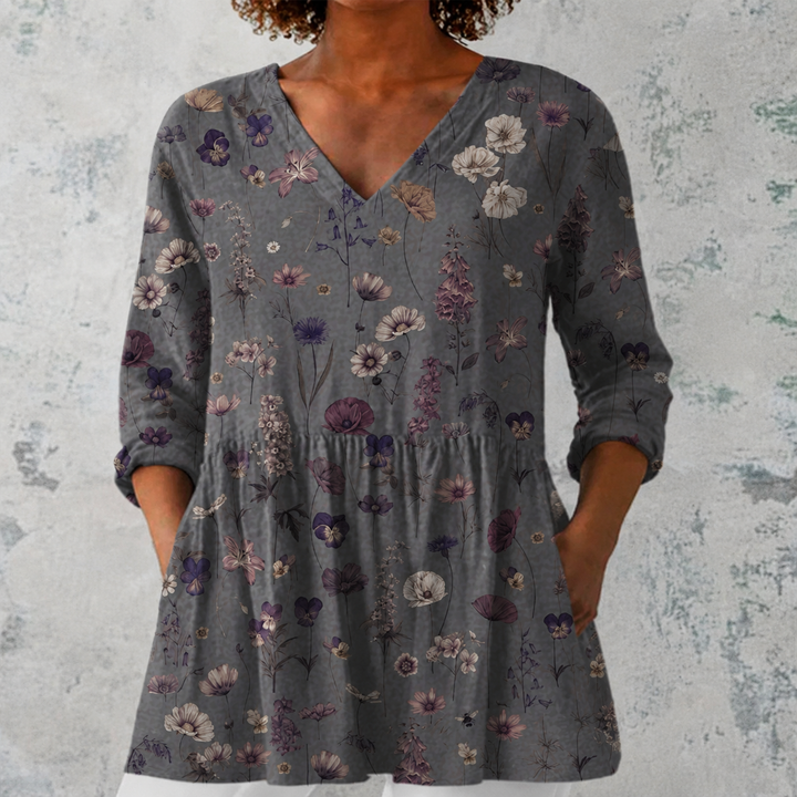 Benedetta | Blusa lunga in lino con motivo di fiori secchi in stile erbario