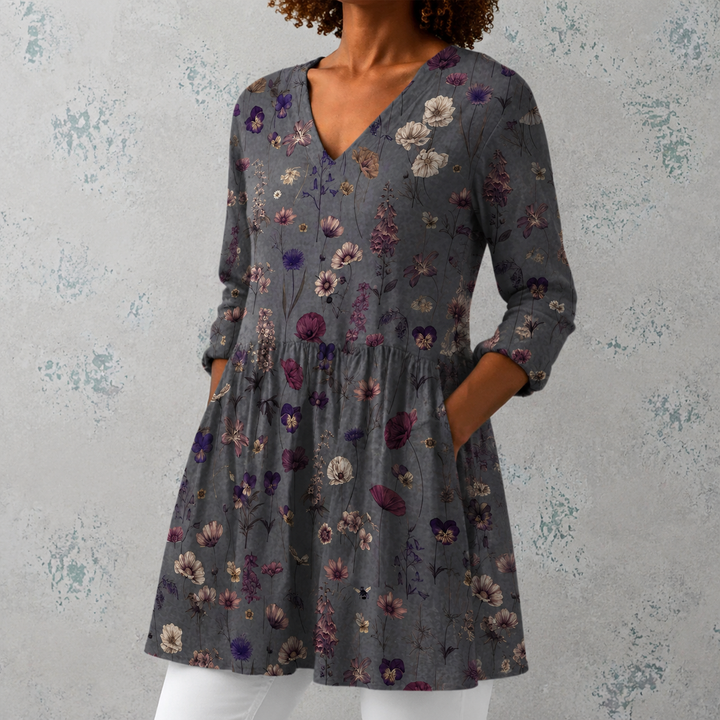 Benedetta | Blusa lunga in lino con motivo di fiori secchi in stile erbario