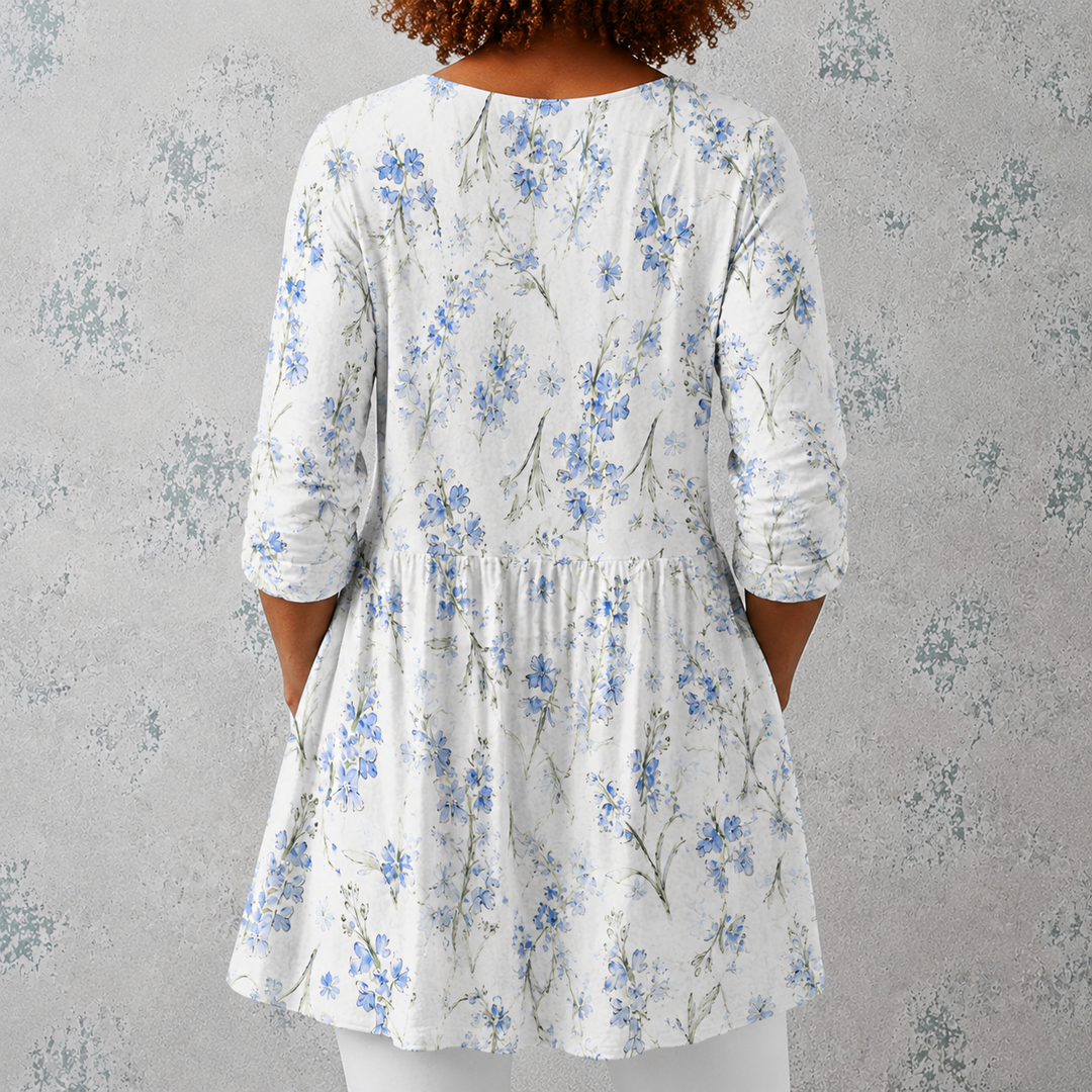 Lilia | Blusa lunga in lino con bouquet di fiori acquerellati