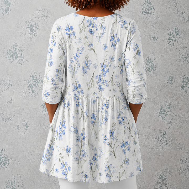 Lilia | Blusa lunga in lino con bouquet di fiori acquerellati