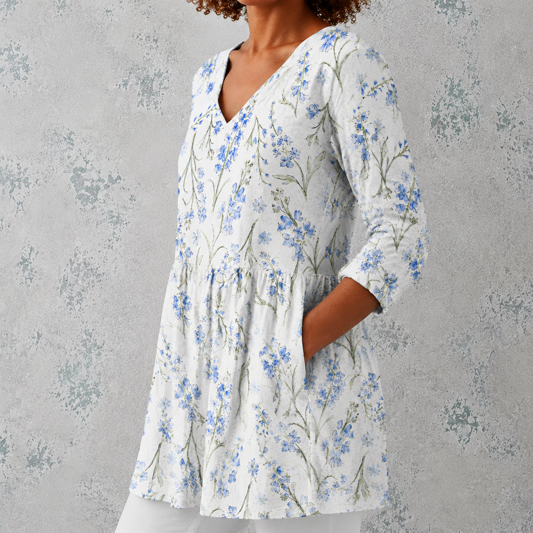 Lilia | Blusa lunga in lino con bouquet di fiori acquerellati