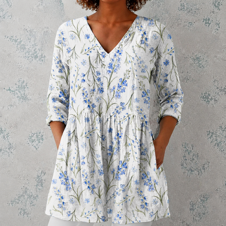 Lilia | Blusa lunga in lino con bouquet di fiori acquerellati