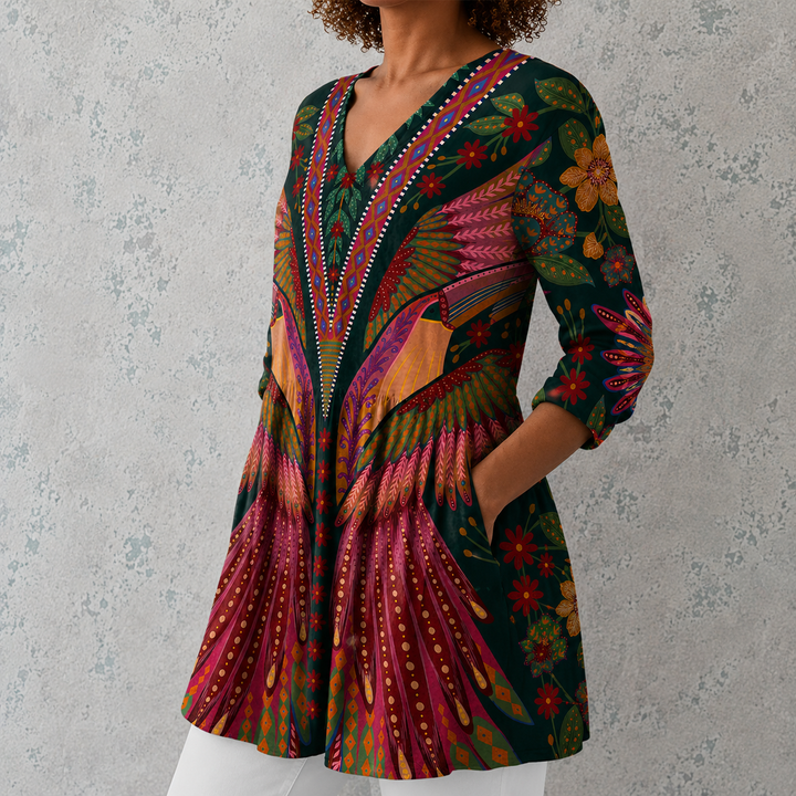 Martina | Camicia lunga in lino con stampa etnica bohémien