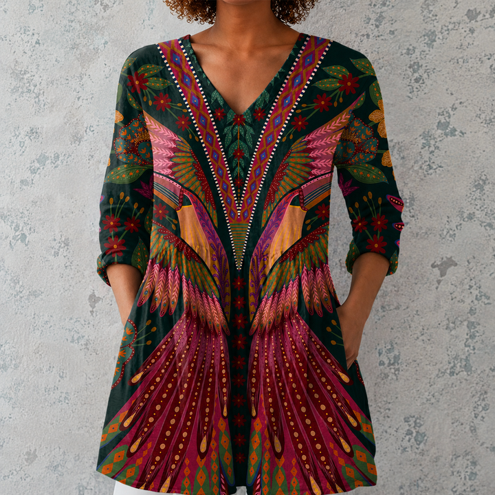 Martina | Camicia lunga in lino con stampa etnica bohémien