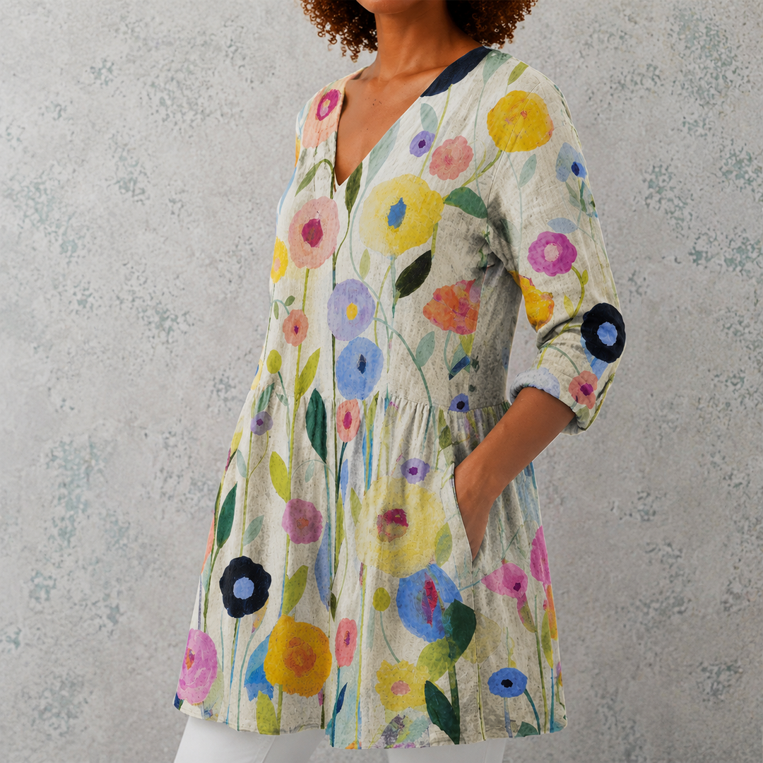 Elena | Camicia lunga in lino con motivo floreale dipinto a mano su steli