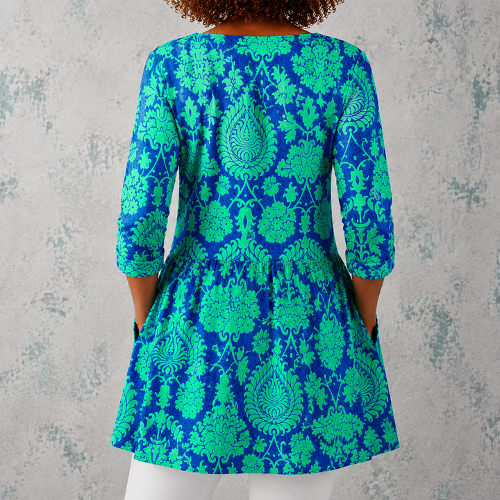 Ottavia | Blusa lunga in lino con motivo barocco damascato